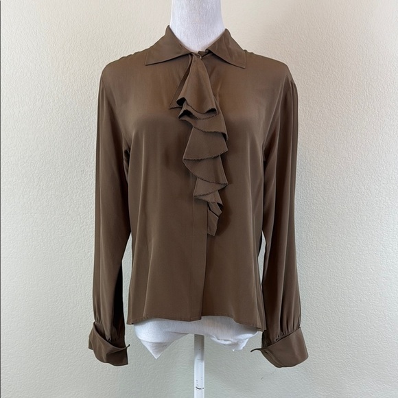 Vintage Calvin Klein Brown Ruffled 100% Silk Blouse with Cuffed Sleeves Small - Picture 1 of 8